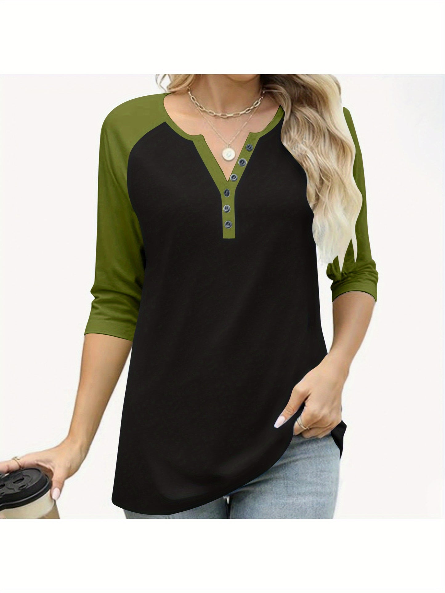 Womens Basic Casual Shirts Fashion Clothes Tops Button V-neck Three Quarter Sleeve 3/4 Sleeve Raglan T-shirt Loose Top