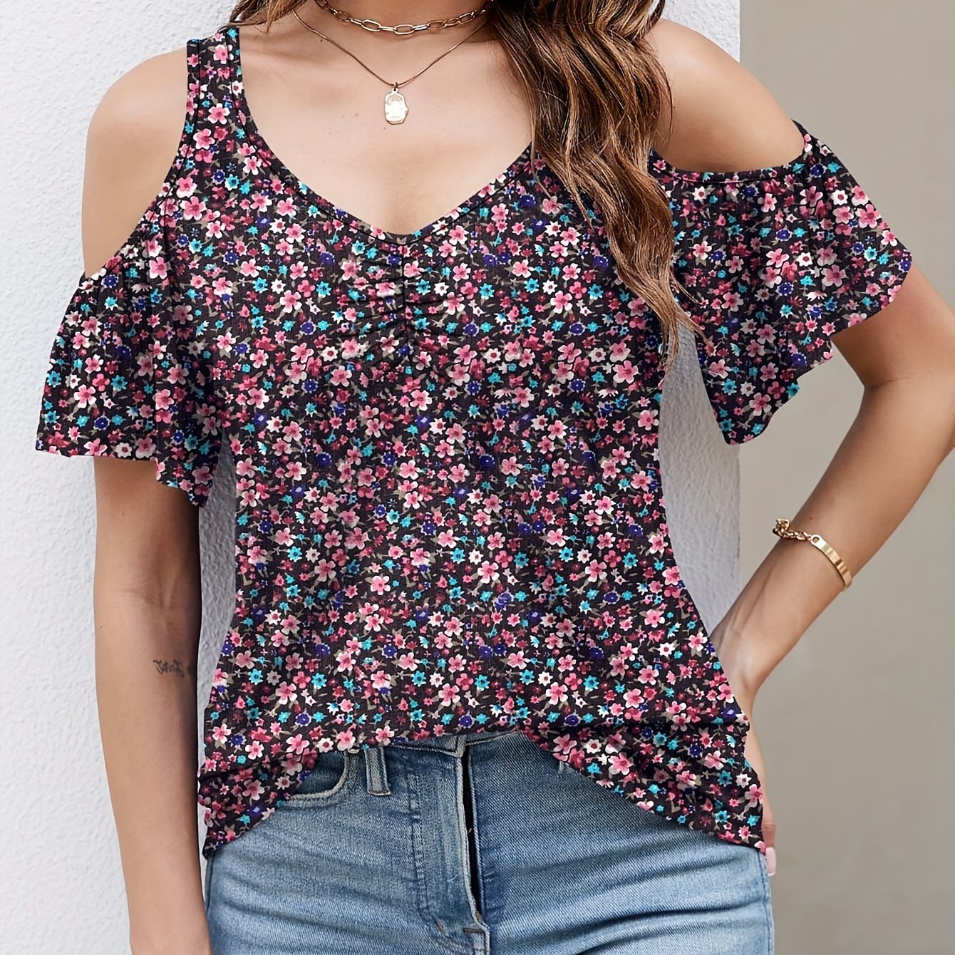 [Casual Cold Shoulder Tops] Casual Cold Shoulder Tops for Women | Short Sleeve V Neck Tunic Shirts