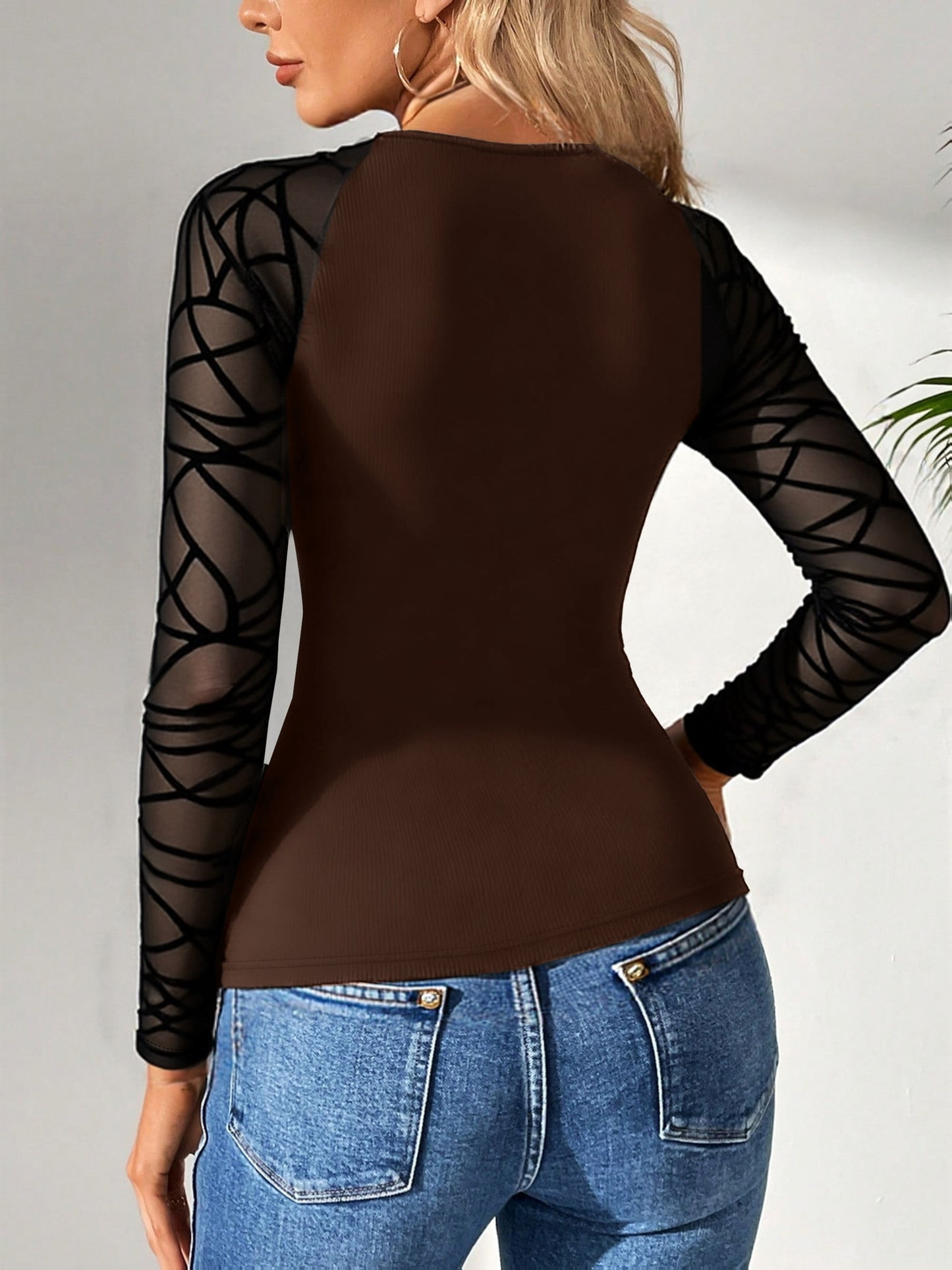 Women's Slim Fit Stretchy Mesh Panel T-Shirt - Solid Color Round Neck Long Sleeve Blouse, Medium-Elastic Casual/Office/Party Top for Spring/Fall Layering, Breathable Shirt (No Chest Padding)