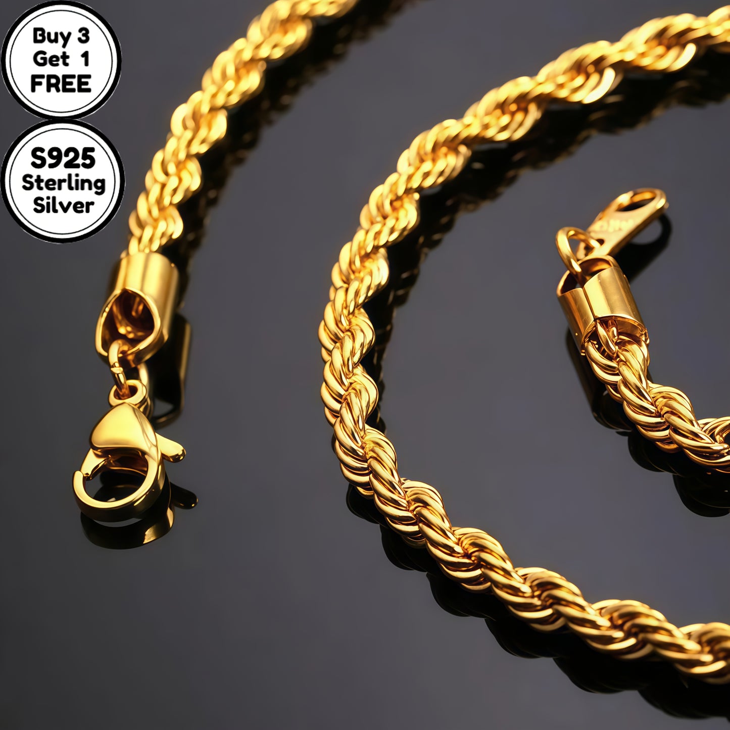 S925 Sterling Silvery 24k Gold Plated 4mm Twist Necklace, The Ideal Gift for Men, Women, Wives, Girlfriends, Mothers And Daughters On Anniversaries, Birthdays And Special Occasions (buy 3 Get 1 Free)