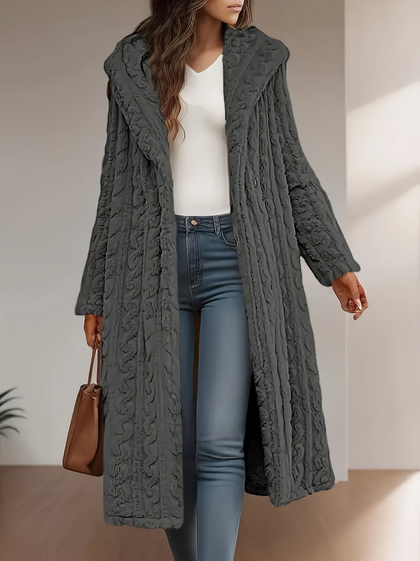 FME Hooded Cable LonglineOvercoat For Winter Warmth And SophisticationTexture Premium