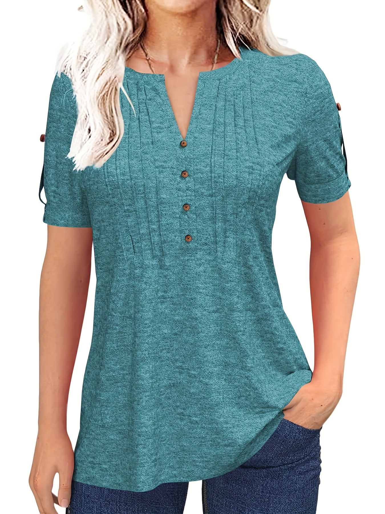 Women'S Zipper Summer Pleated Button Short Sleeve T-Shirt Summer V-Neck Solid Color Casual Top