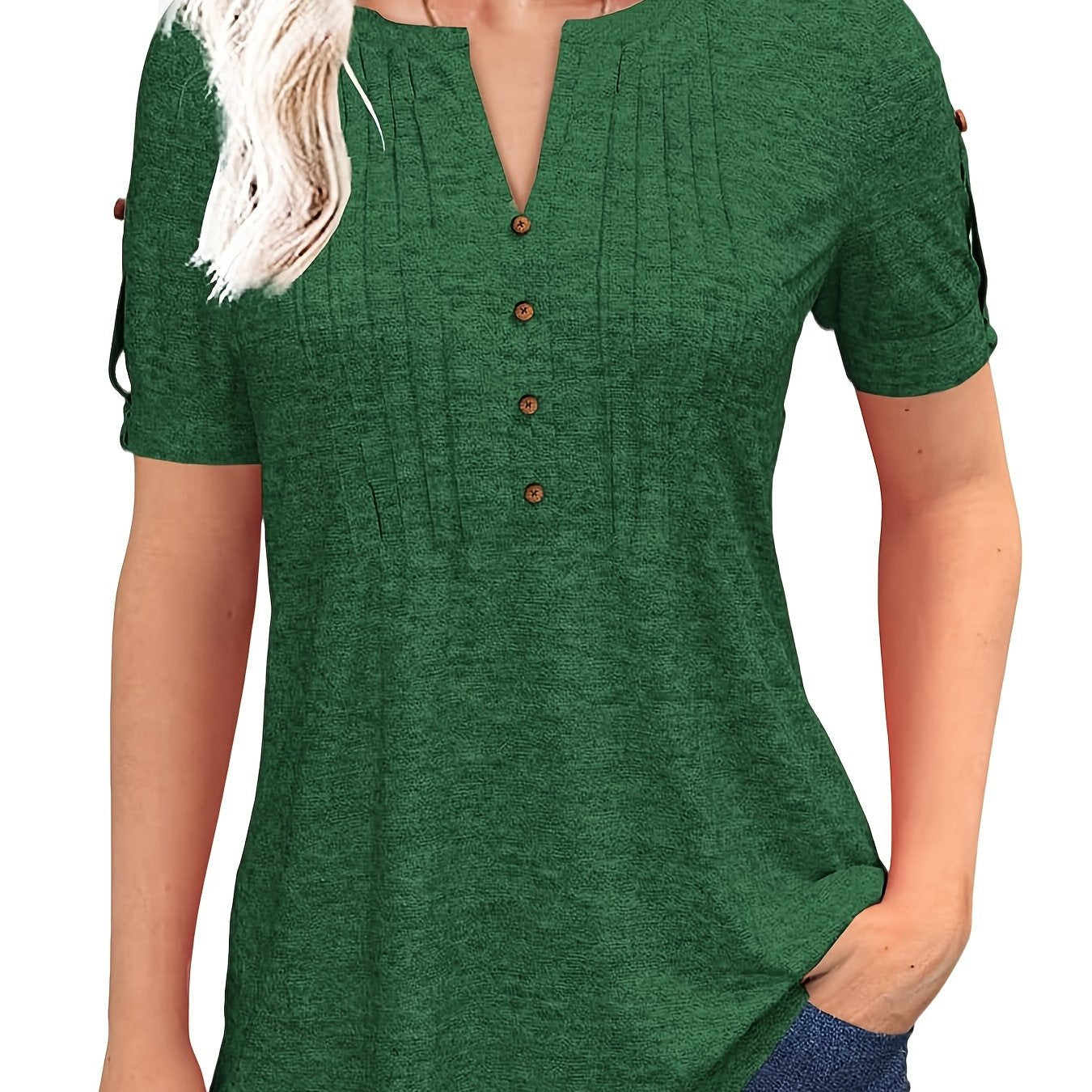 Women'S Zipper Summer Pleated Button Short Sleeve T-Shirt Summer V-Neck Solid Color Casual Top