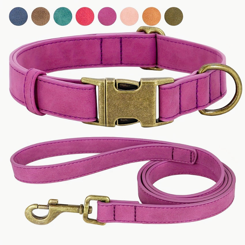 1pc Faux Leather Dog Collar and Leash Set - Adjustable Reflective Padded Pet Collar with Golden-Tone Hardware, Comfortable Soft Cushioned Design for Small/Medium/Large Dogs, Nighttime Safety, Training & Walking, Durable Synth