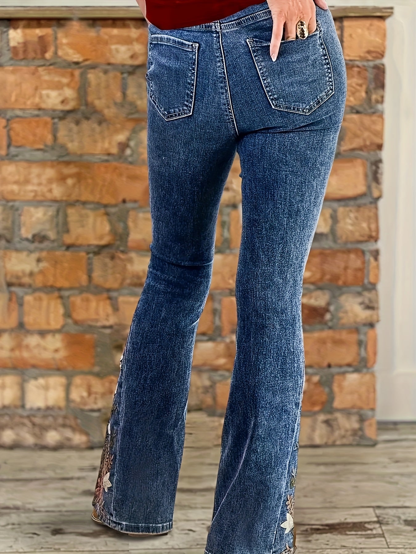[HME] Elegant And Simple Women'S Jeans, With A Retro And Fashionable Design And Embroidery Style, High-waisted, Elastic And Form-fitting Flared Pants, A Must-have For Minimalist Outfits, Casual And Versatile Women'S Denim Tro