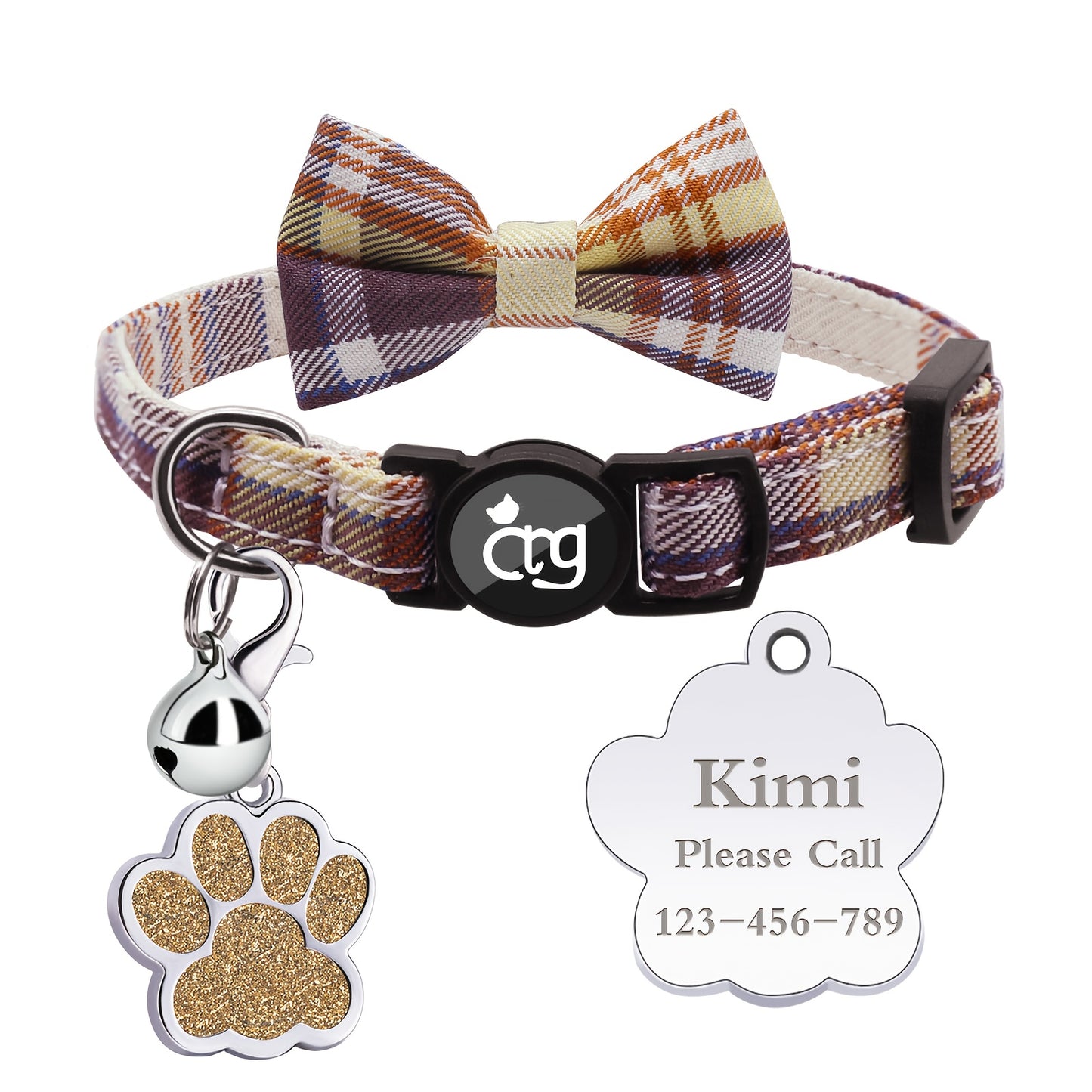 [Personalized Pet Collar] Personalized Metal Paw Tag Pet Collar | Custom Safe Buckle, Bow Tie, Nylon Material, Jazz Plaid Pattern, Bell - Ideal For Cats And Small Dogs, No Battery