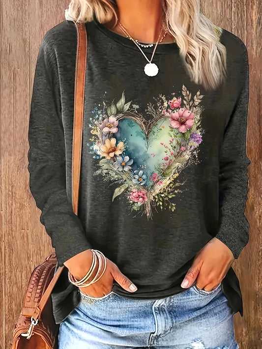 Women's Plus Size Love Flower Print T-Shirt - Spring Summer Casual Long Sleeve Round Neck Blouse, Machine Washable Elastic Fit Top, Fitted - Daily Wear for & Outings (Non-) - Plus Size Clothing