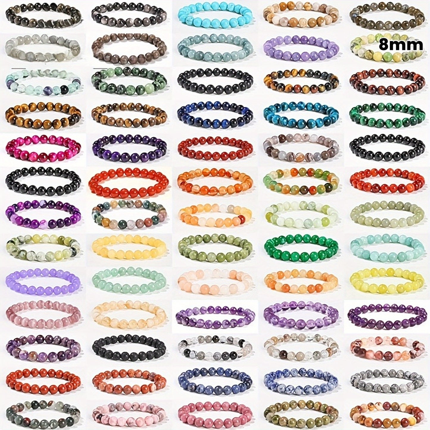 49pcs Handmade Stone Bead Bracelet- Multiple Colors Available, 8mm Elastic Beaded, Exquisite Style Valentine's Day Suitable