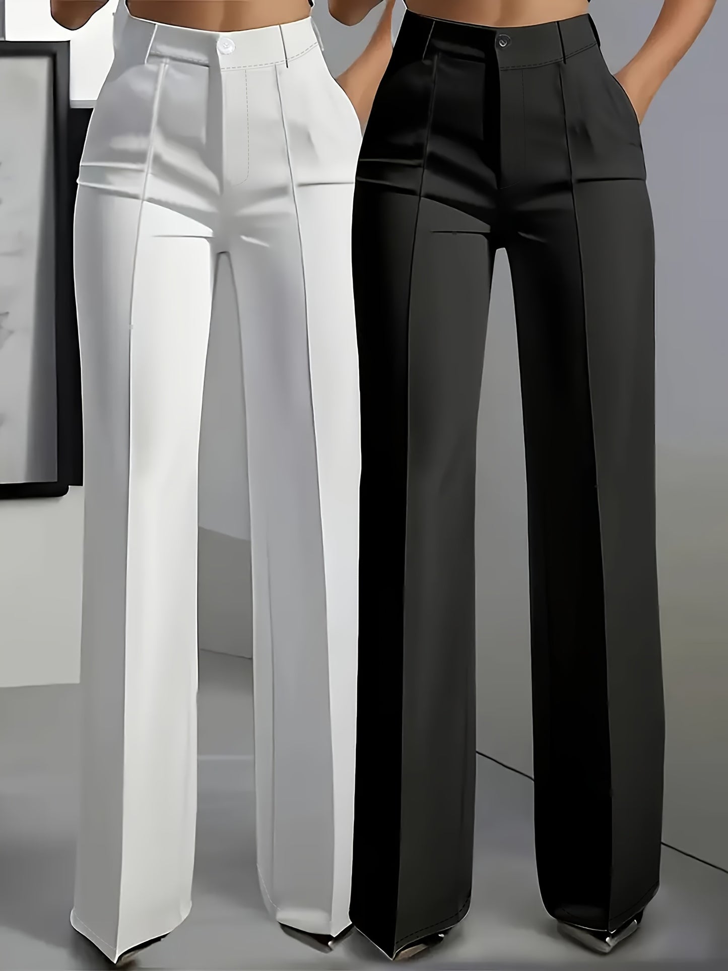 (2pcs) Elegant Casual Solid Color Women's Suit Trousers, Button Zipper Half Elastic Waist Fit Bottoms, Suitable for All Season