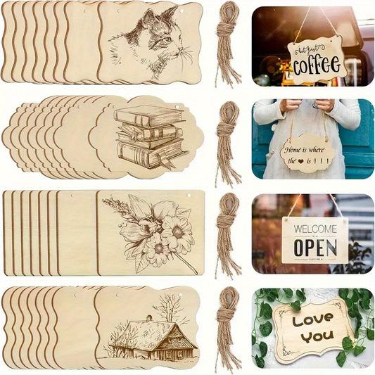 Unfinished Wood Sign Plaques with Rope Hangers for DIY Crafts