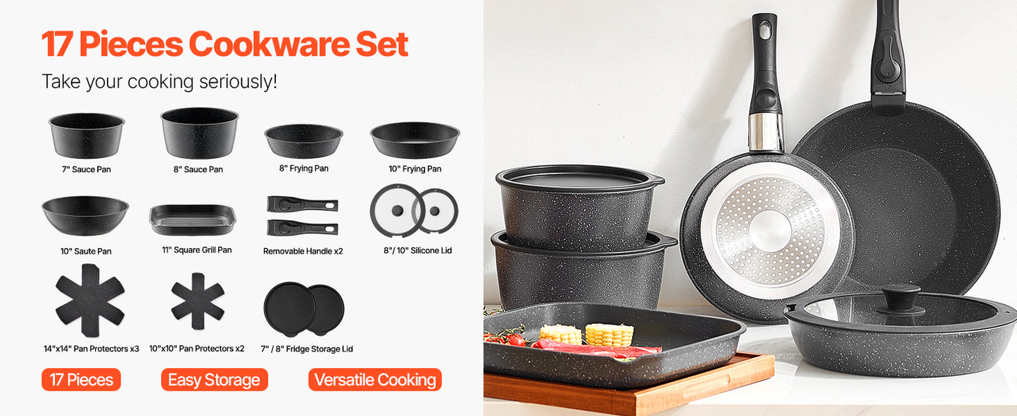 SucceBuy 17 Piece Nonstick Cookware Set Granite Induction Compatible