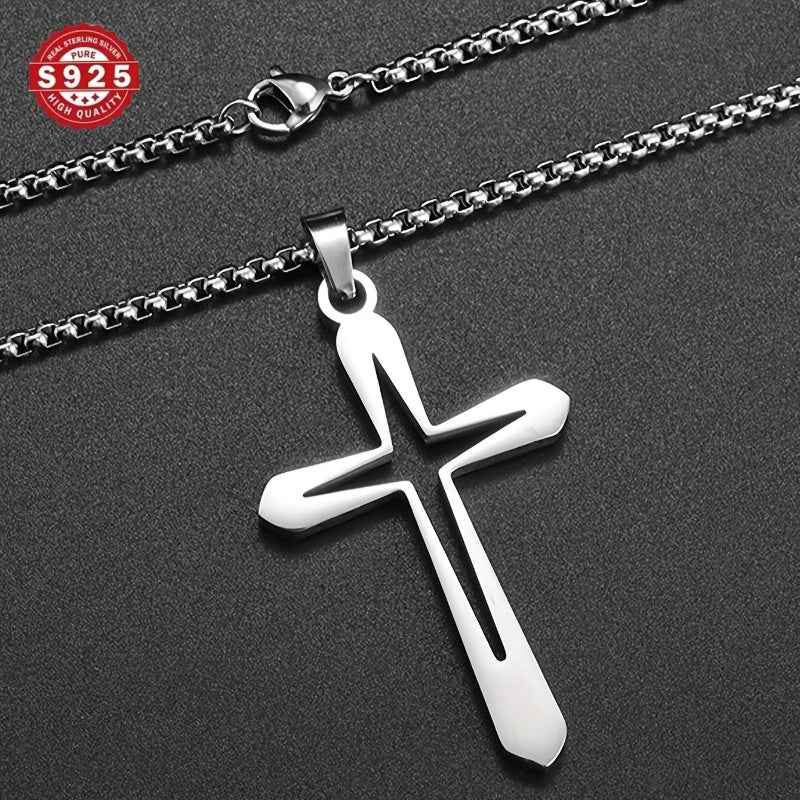 925 Silver Women's Cross Pendant Necklace - Modern Christian Religious Jewelry, Anti Allergic and Water-resistant, Elegant Gift Box Packaging, Suitable for Casual Wear and Hip-hop Style, Polished Jewelry