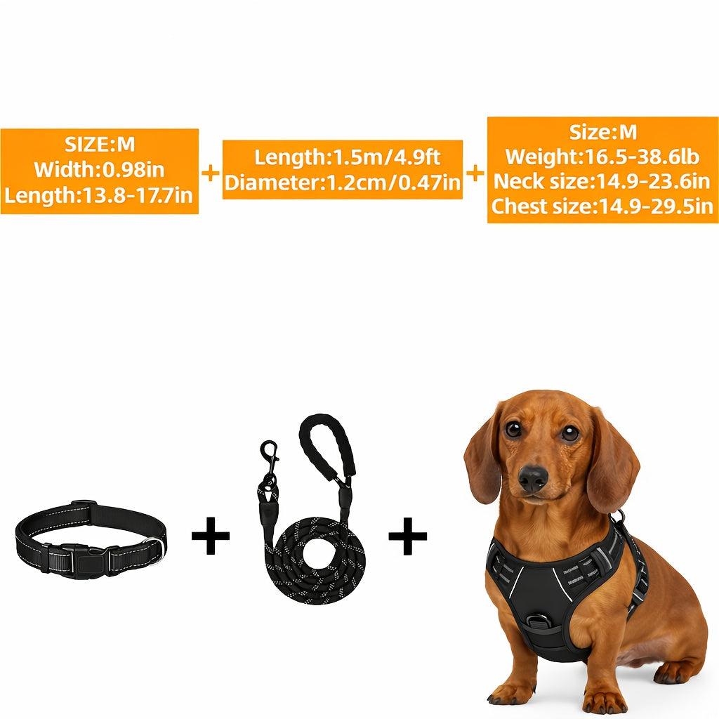 3 In 1 Harness Set, Soft Padded Dog Collar & Durable Adjustable Chest Harness With Heavy-Duty Leash, Reflective Oxford Fabric, Non-Choke, Easy Control Handle & Quick-Release Buckles, Breathable Mesh, For Dogs Of All Sizes(S,