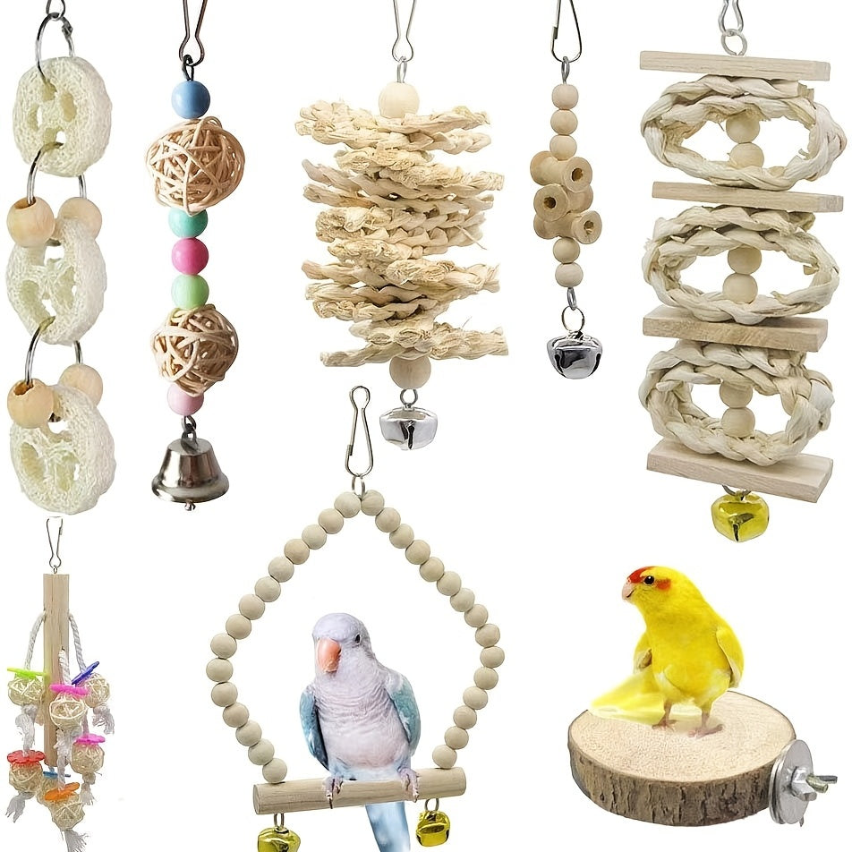 8pcs Wood Bird Toys with Swing, Bell & Chewable Parts - Interactive Bird Cage Suitable for Small Parrots and Birds - Promotes Exercise, Mental Stimulation & Beak