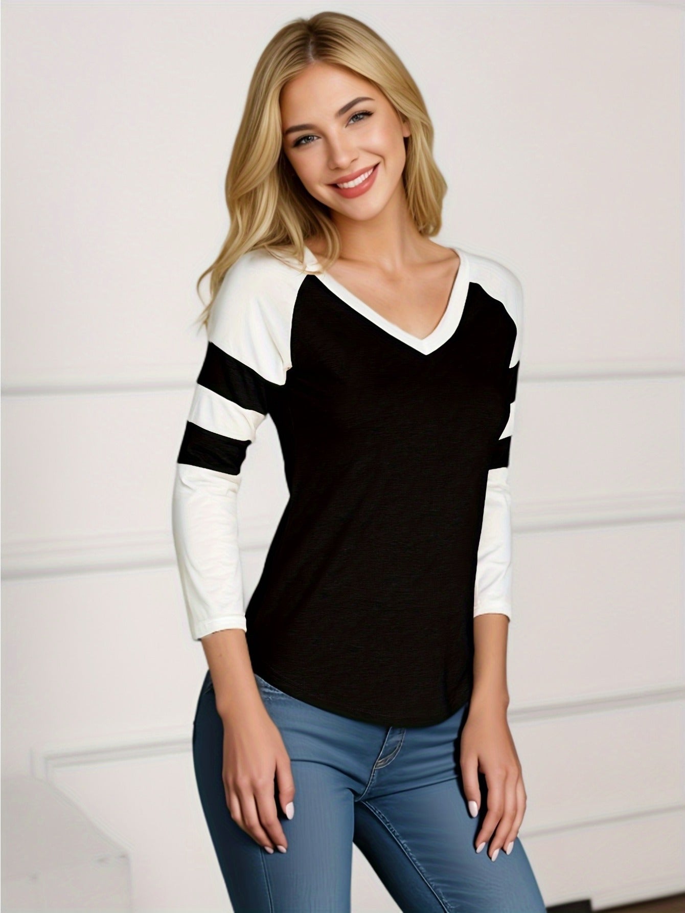 Women's Slim Fit Summer V-Neck Long Sleeve T-Shirt - Contrast Color Block Blouse (/Dark) | Casual Top | Machine Washable All-Season Versatile Wardrobe Staple)
