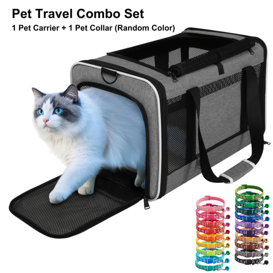 1pc Airline Approved Pet Carrier + 1pc Pet Collar, Portable Foldable Soft-Sided, Breathable Mesh, Top Load Door, Shoulder Strap, Luggage Sleeve, Includes Carrier & Collar, Large & Medium Cats, Small Dogs, Multiple Colors, Cat