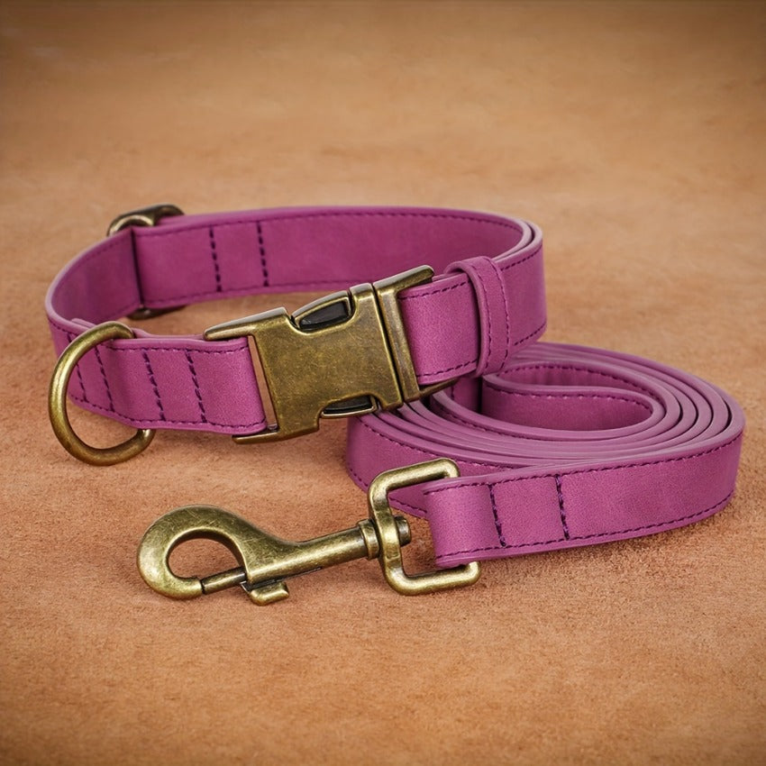 1pc Faux Leather Dog Collar and Leash Set - Adjustable Reflective Padded Pet Collar with Golden-Tone Hardware, Comfortable Soft Cushioned Design for Small/Medium/Large Dogs, Nighttime Safety, Training & Walking, Durable Synth