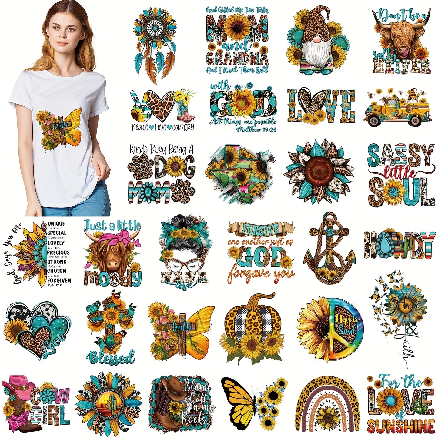 [Western Iron On Patches] 30pcs Western Iron On Transfers Patches | Cowboy Appliques, Sunflower Heat Transfers Sticker For T Shirts, Clothes, Bag, Pillow Covers - DIY Decorations