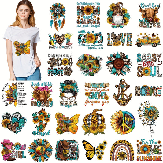 [Western Iron On Patches] 30pcs Western Iron On Transfers Patches | Cowboy Appliques, Sunflower Heat Transfers Sticker For T Shirts, Clothes, Bag, Pillow Covers - DIY Decorations