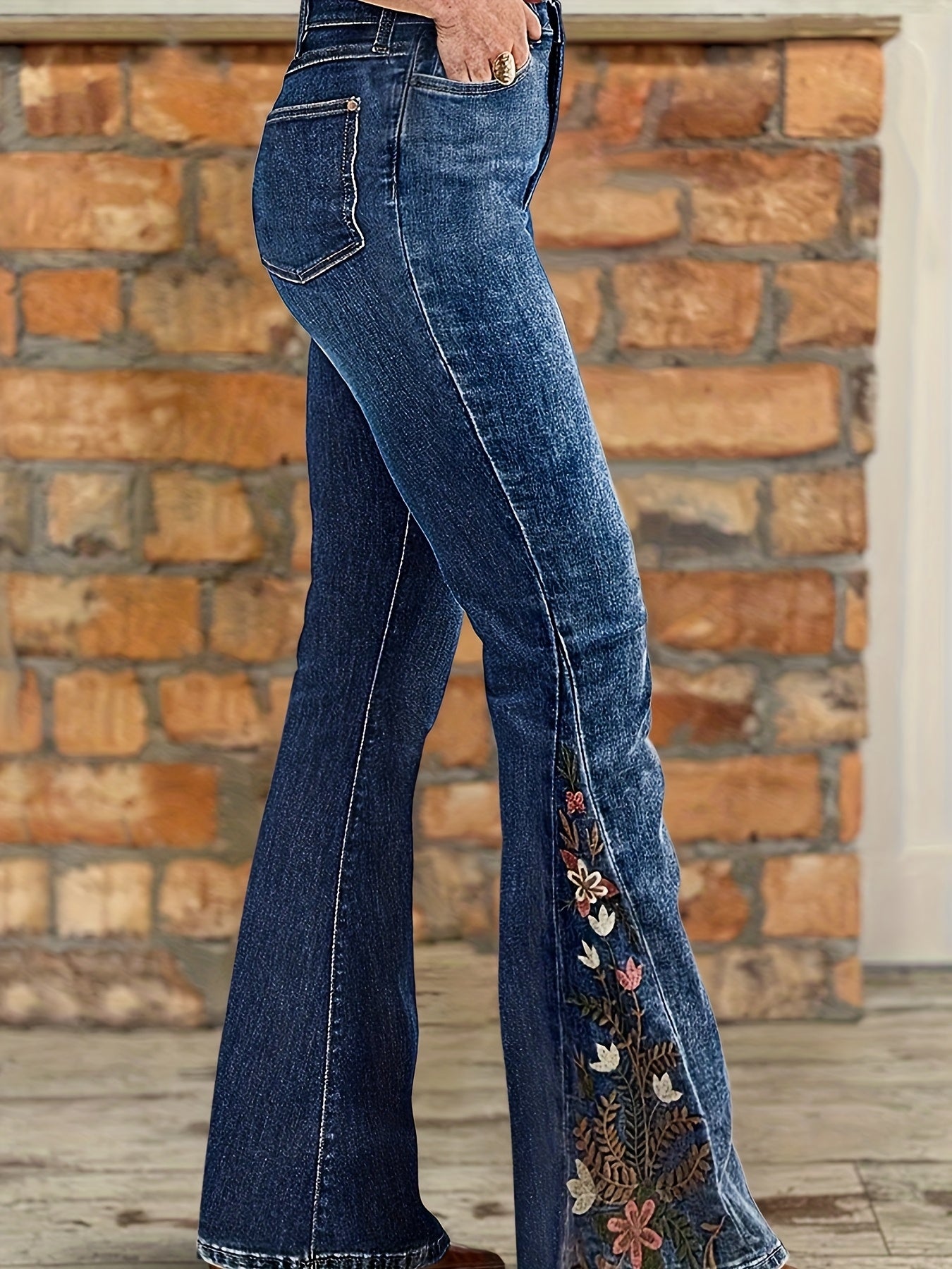 [HME] Elegant And Simple Women'S Jeans, With A Retro And Fashionable Design And Embroidery Style, High-waisted, Elastic And Form-fitting Flared Pants, A Must-have For Minimalist Outfits, Casual And Versatile Women'S Denim Tro
