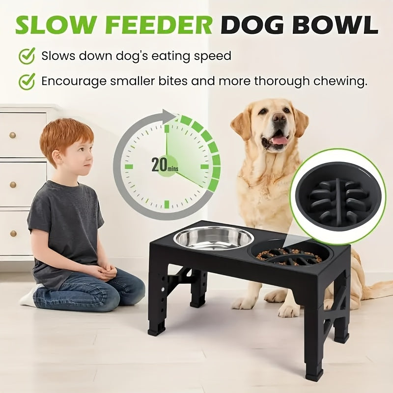 5 Height Adjustable Raised Dog Bowls, Collapsible Raised Dog Bowl Stand with Slow Food Bowl And Stainless Steel Dog Food Bowl for Small, Medium, And Large Dogs And Cats