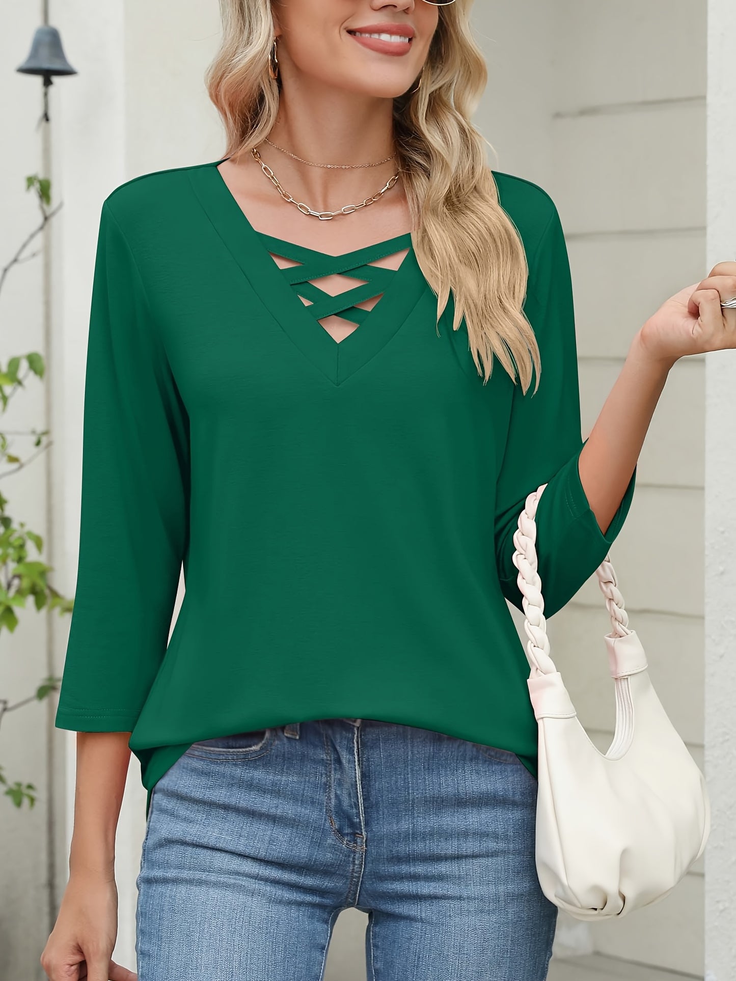 [Solid Color Crossover Shirt] Casual & Office Solid Color Women's 3/4 Sleeve V-Neck Crossover Shirt - Fall Top