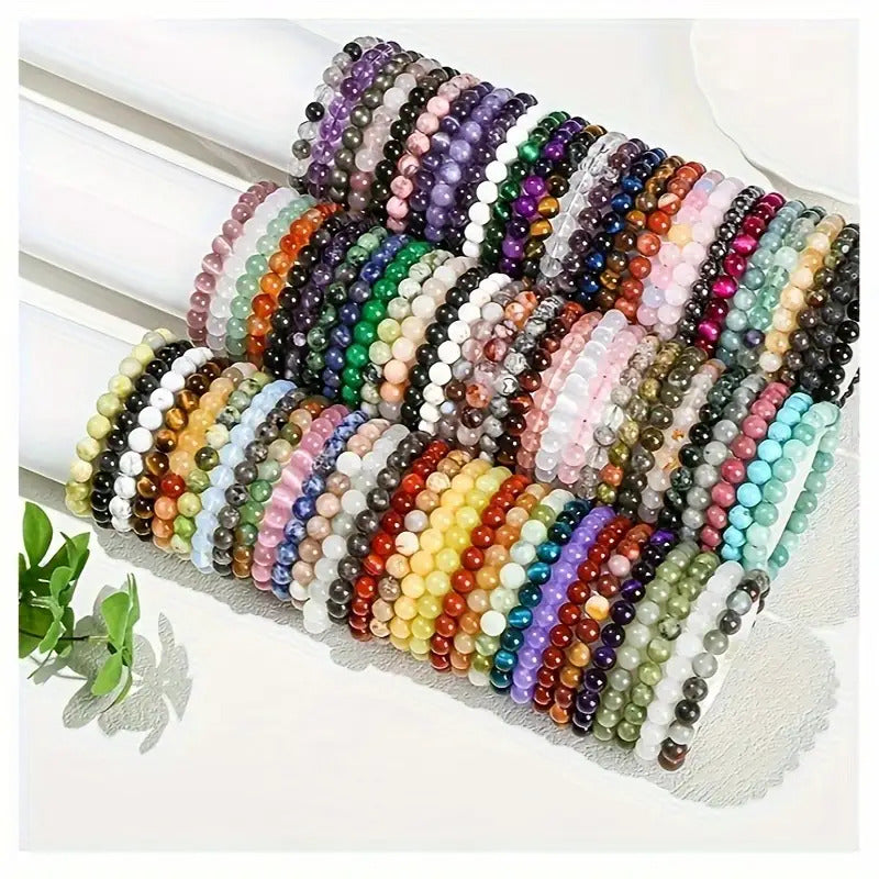 49pcs Handmade Stone Bead Bracelet- Multiple Colors Available, 8mm Elastic Beaded, Exquisite Style Valentine's Day Suitable