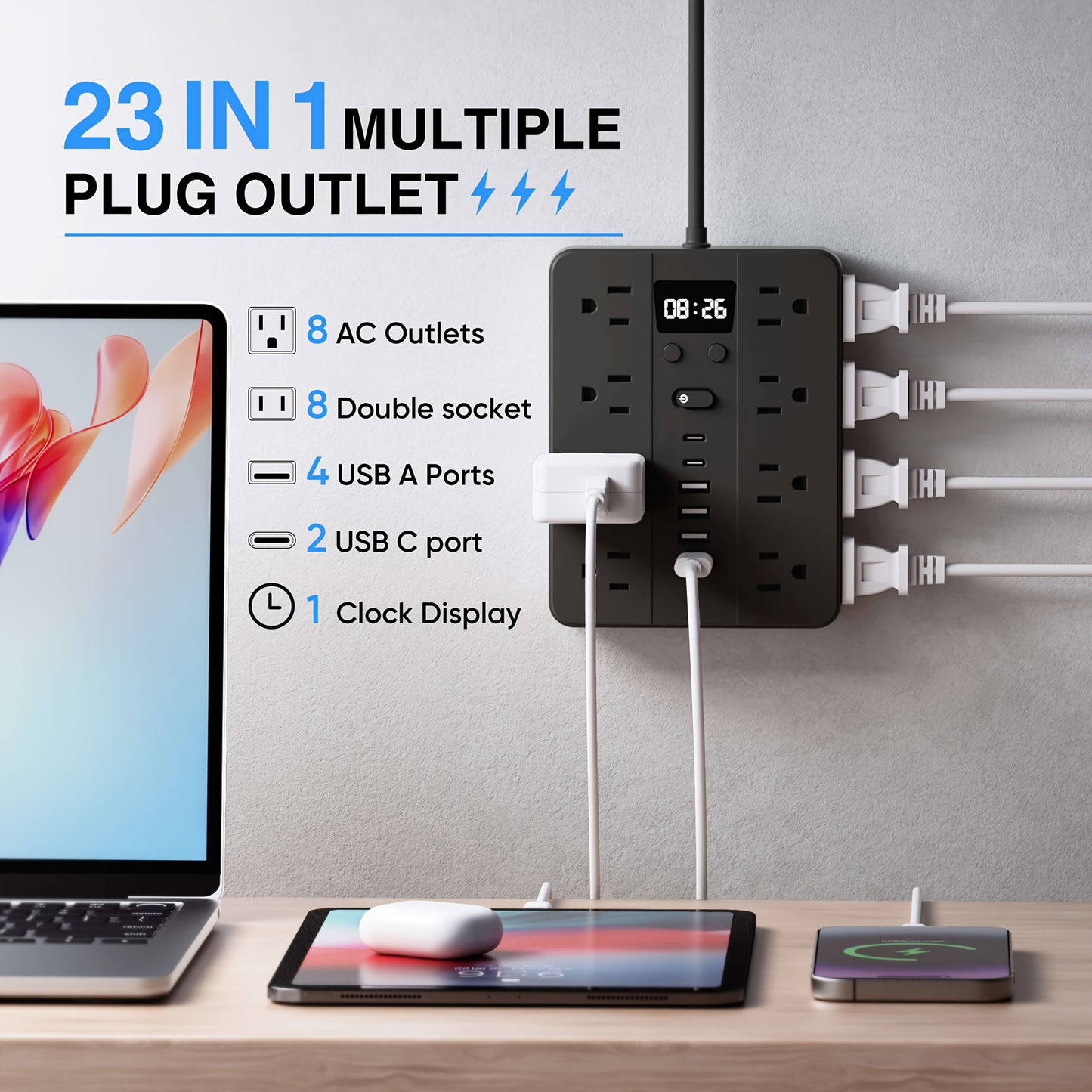 CHIEFWAY 23in1 Clock Power Strip With Surge Protection 16 AC Outlets USB A USB C Wall Mount