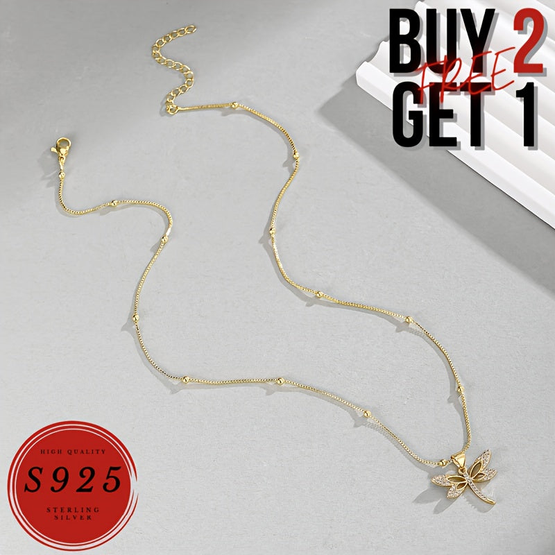 24K Gold Plated Dragonfly Necklace, Italy 925 Sterling Silvery Dragonfly Necklace, Stylish Women'S Necklace, Suitable For Gifts, Parties, Valentine'S Day, Wife, Mother - With Gift Box (buy 2 Get 1 Free)