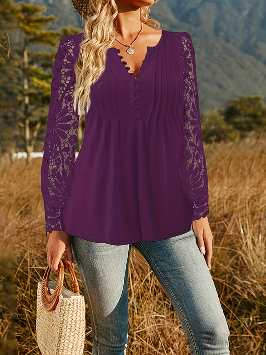 European And American Spring And Autumn Fashion New Women's Lace Lace Sleeves Pressed Pleated Solid Color Buttoned T-shirt Base Shirt Button Shirt Blouses