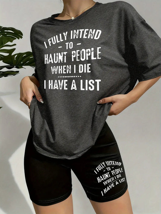 Women'S Funny Saying Two-Piece Pajama Set - "I Fully Intend to Haunt People When I Die" Short Sleeve Nightgown & Matching Shorts, Soft Round Neck Sleepwear, Spring/Summer Casual Lounge Set with Humorous Letter Print, Comforta