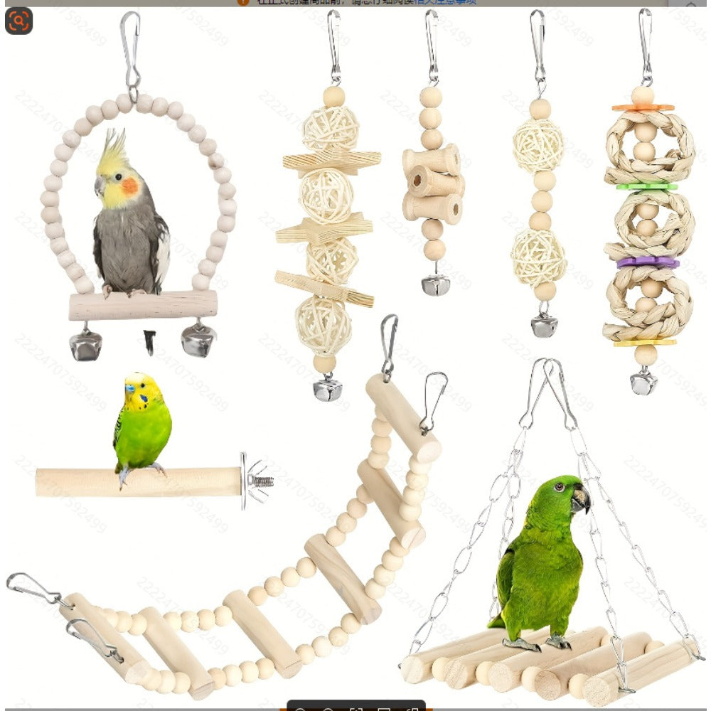 8pcs Wood Bird Toys with Swing, Bell & Chewable Parts - Interactive Bird Cage Suitable for Small Parrots and Birds - Promotes Exercise, Mental Stimulation & Beak