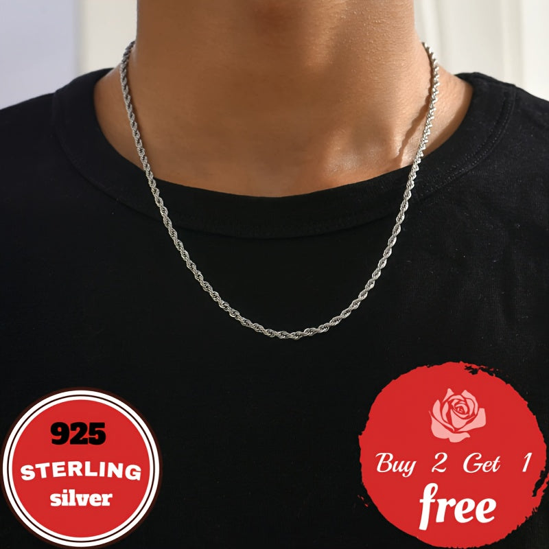 Italian Pure Handmade, 3mm 925 Sterling Silvery Twist Woven Necklace, Suitable For Holidays, Parties, Music Festivals, Give Him/her Birthday, Valentine'S Day The Best Gift, Gift Box Packaging, Buy 2 Get 1 Free