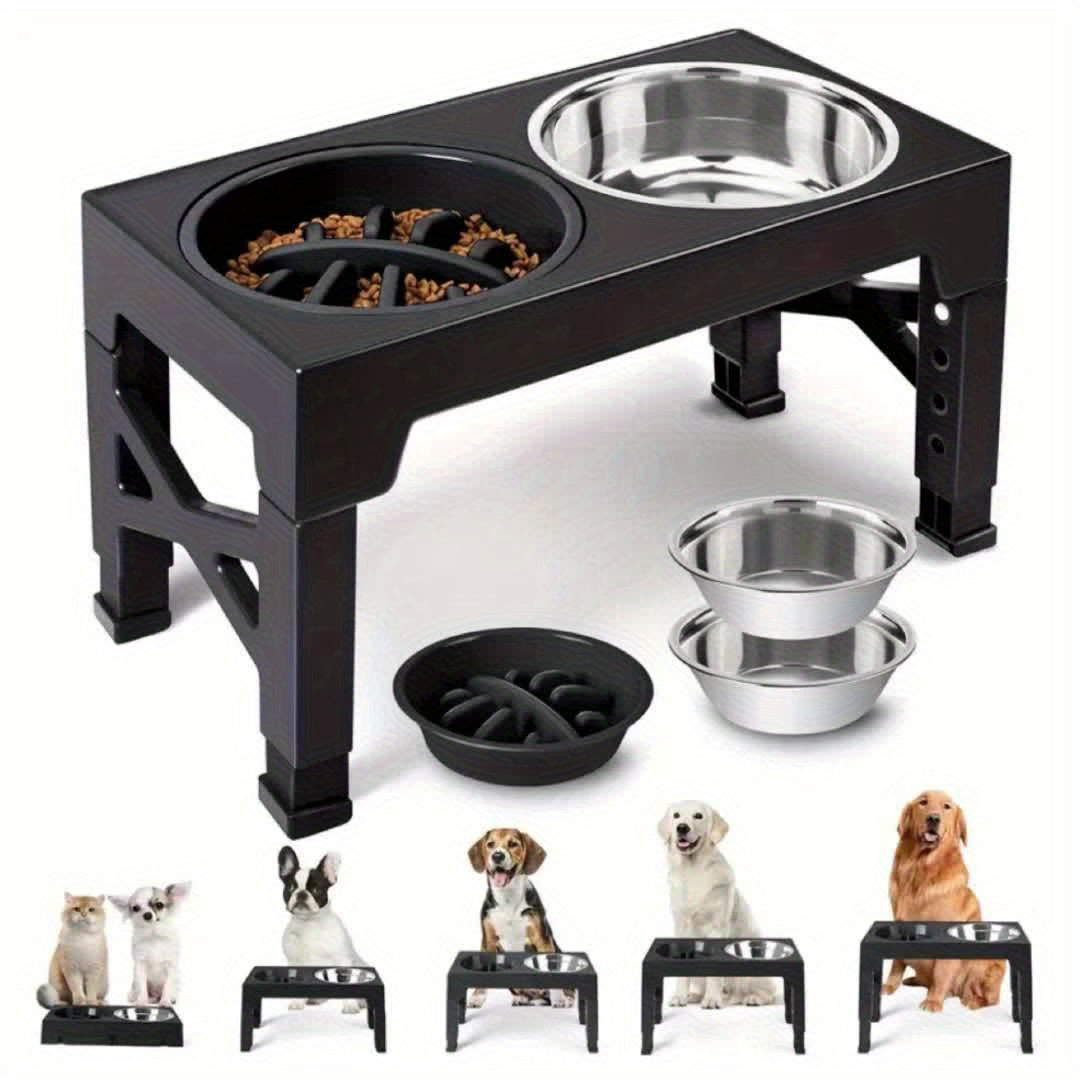 5 Height Adjustable Raised Dog Bowls, Collapsible Raised Dog Bowl Stand with Slow Food Bowl And Stainless Steel Dog Food Bowl for Small, Medium, And Large Dogs And Cats
