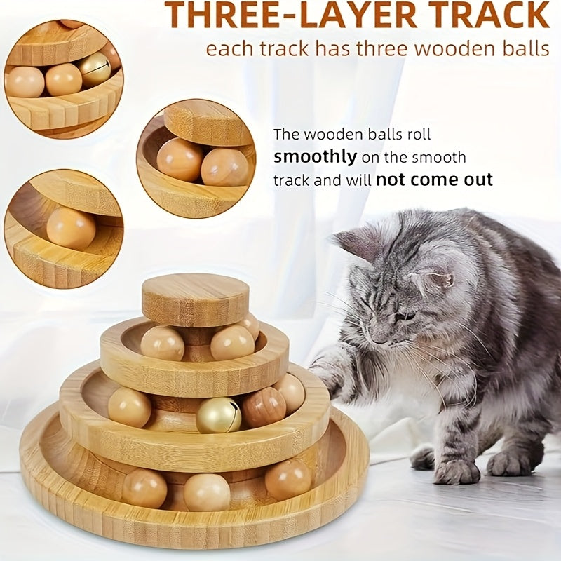 Three Layer Bamboo Wood Interactive Cat Ball Track With Nine Detachable Balls And Teasing Stick DIY Circle Toys