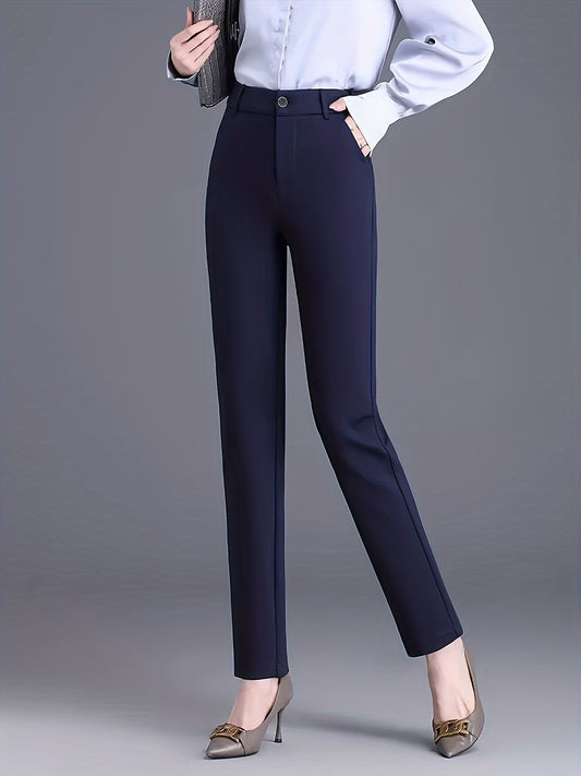 Women'S High-Waist Straight-Leg Suit Pants - Navy Blue, Stretchy & Comfortable Nylon Blend, Slim Fit Professional Work Trousers with Pockets, Machine Washable, Versatile for Casual or Office Wear
