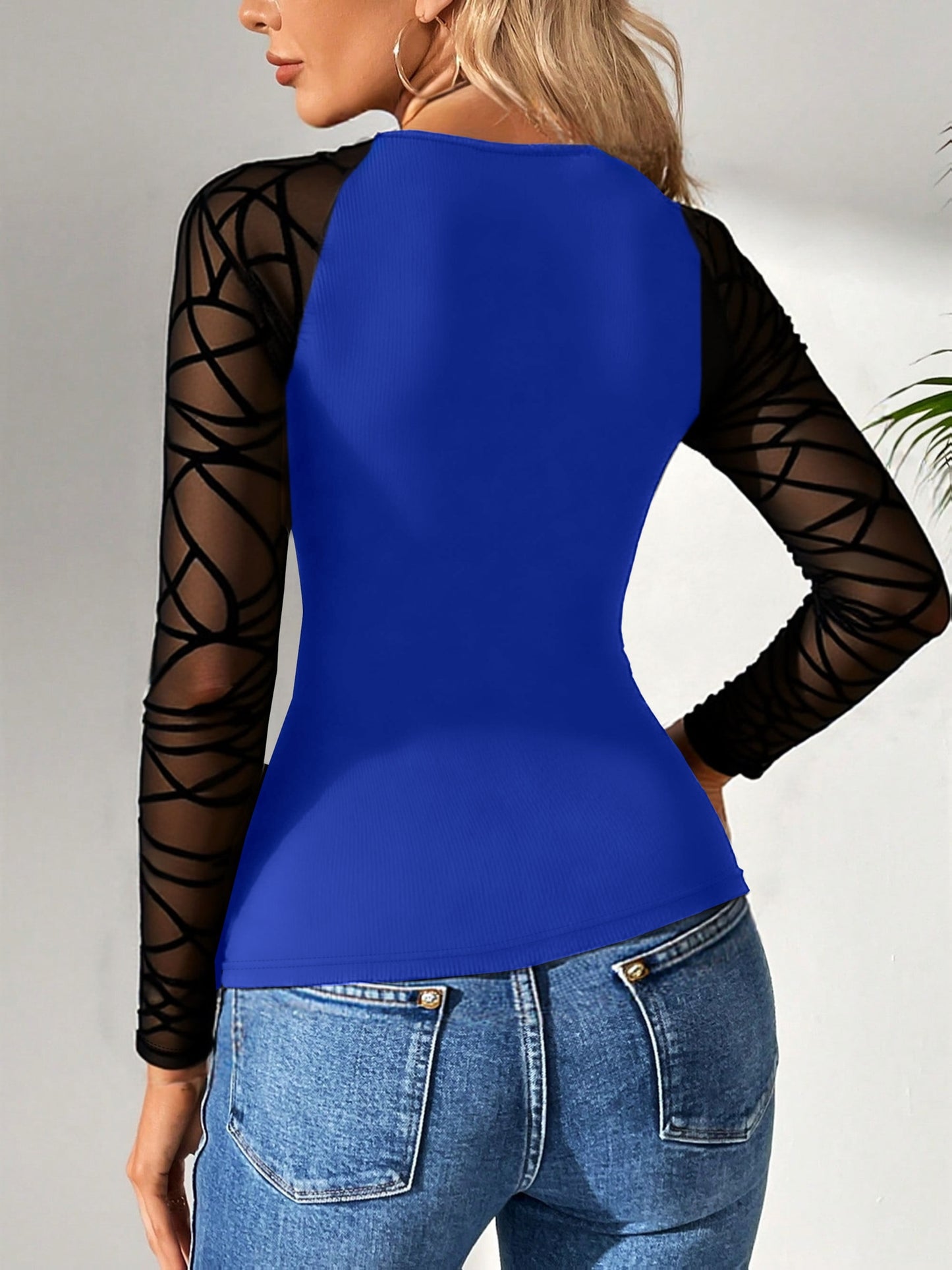 Women's Slim Fit Stretchy Mesh Panel T-Shirt - Solid Color Round Neck Long Sleeve Blouse, Medium-Elastic Casual/Office/Party Top for Spring/Fall Layering, Breathable Shirt (No Chest Padding)