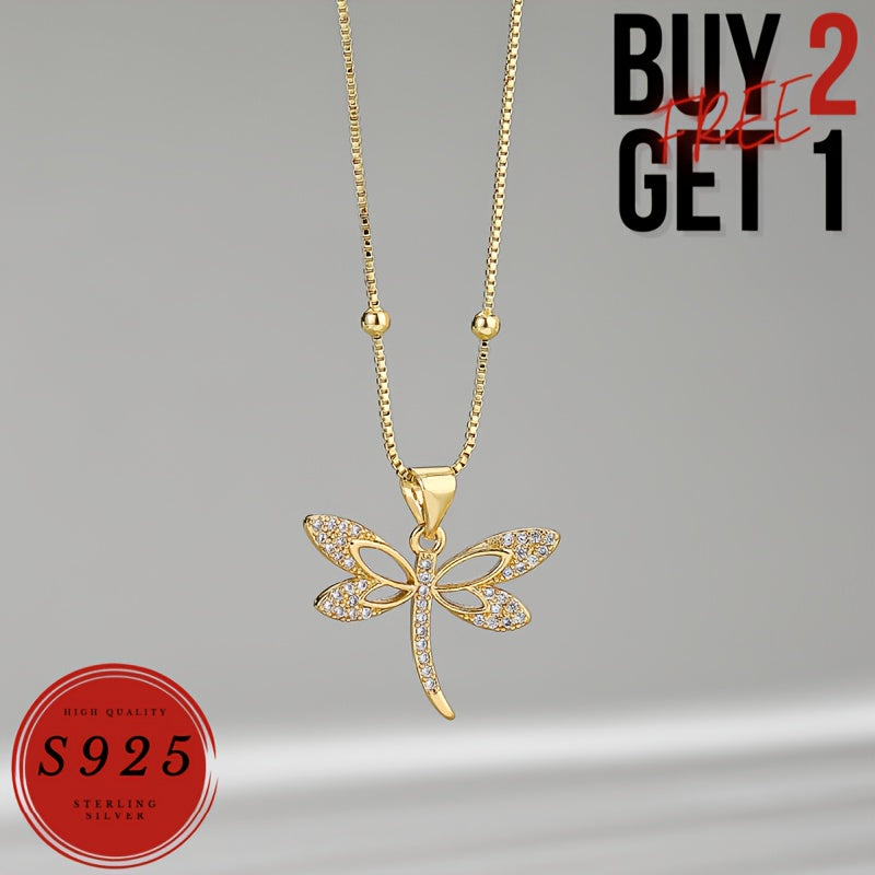 24K Gold Plated Dragonfly Necklace, Italy 925 Sterling Silvery Dragonfly Necklace, Stylish Women'S Necklace, Suitable For Gifts, Parties, Valentine'S Day, Wife, Mother - With Gift Box (buy 2 Get 1 Free)