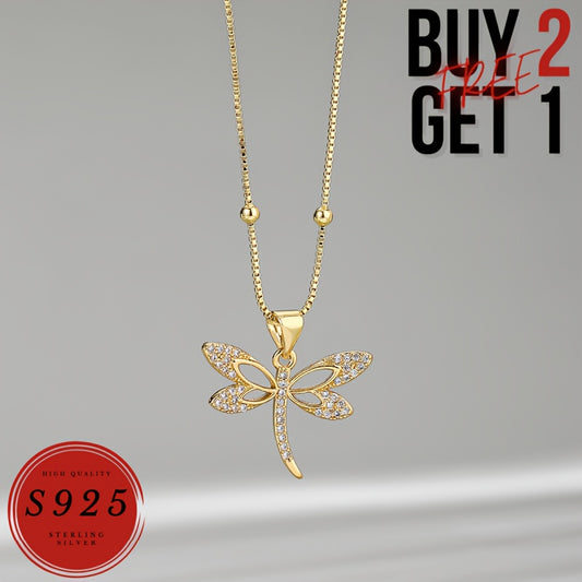 24K Gold Plated Dragonfly Necklace, Italy 925 Sterling Silvery Dragonfly Necklace, Stylish Women'S Necklace, Suitable For Gifts, Parties, Valentine'S Day, Wife, Mother - With Gift Box (buy 2 Get 1 Free)