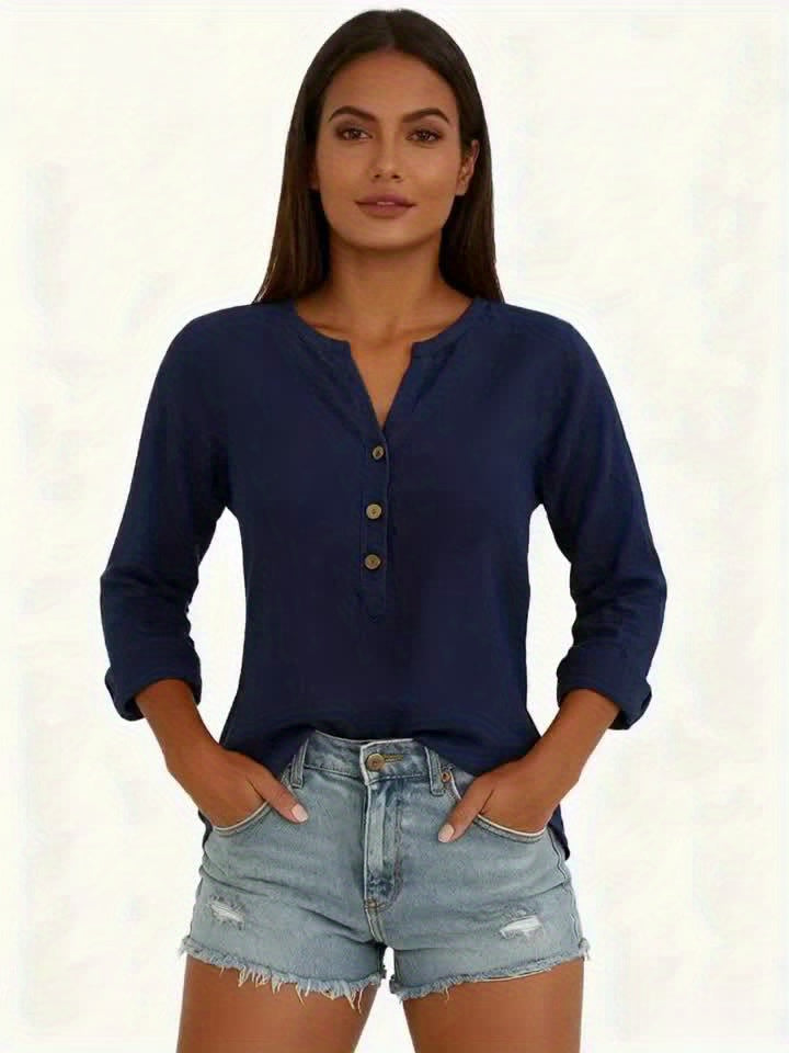 2/3pcs Ladies Elegant Linen Blend Short Sleeve V-Neck Shirt Four Seasons Can Wear