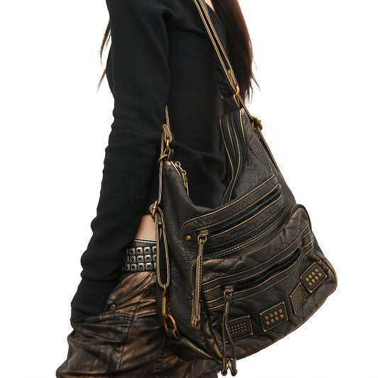 Women's Large Capacity Vintage Rivet Handbag & Shoulder Backpack - Multi-Zipper Compartments, Rivet Accent / Bookbag Suitable for, Travel, - Adjustable Strap, Retro Style (Available in)