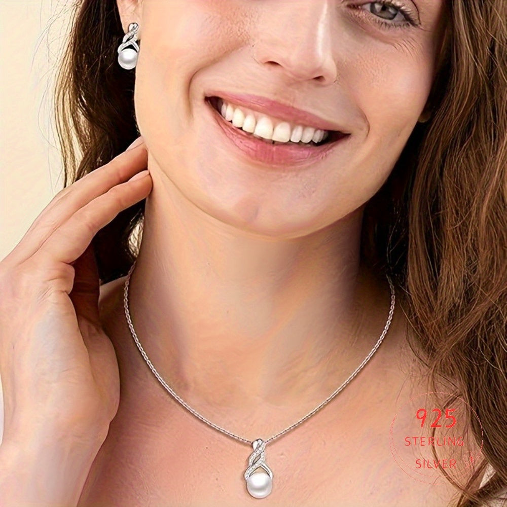 S925 Sterling Silvery Necklace and Earrings Set | Set with Synthetic Zirconia and Non-Allergenic Genuine Freshwater Pearl Jewelry, Equipped with a 18-Inch Silvery Chain | Women'S Bridal Groomsmen Set