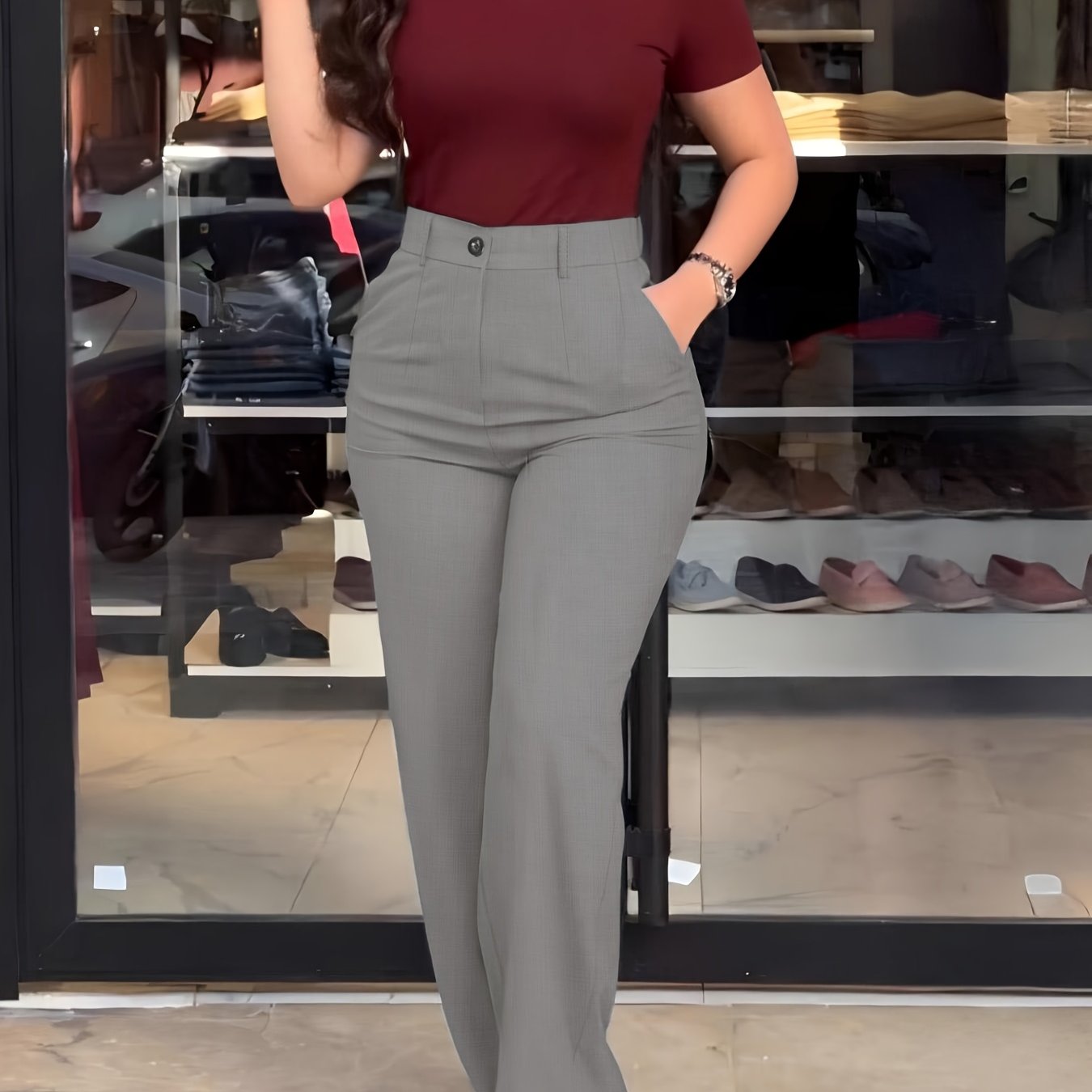 Women's Trousers, Solid Color Straight-Leg Tailored Pants, Wrinkle-Resistant Machine Washable Structured Fit, Casual to Professional Wear for Office Formal Events & Everyday, All-Season, Grey, No Elasticity