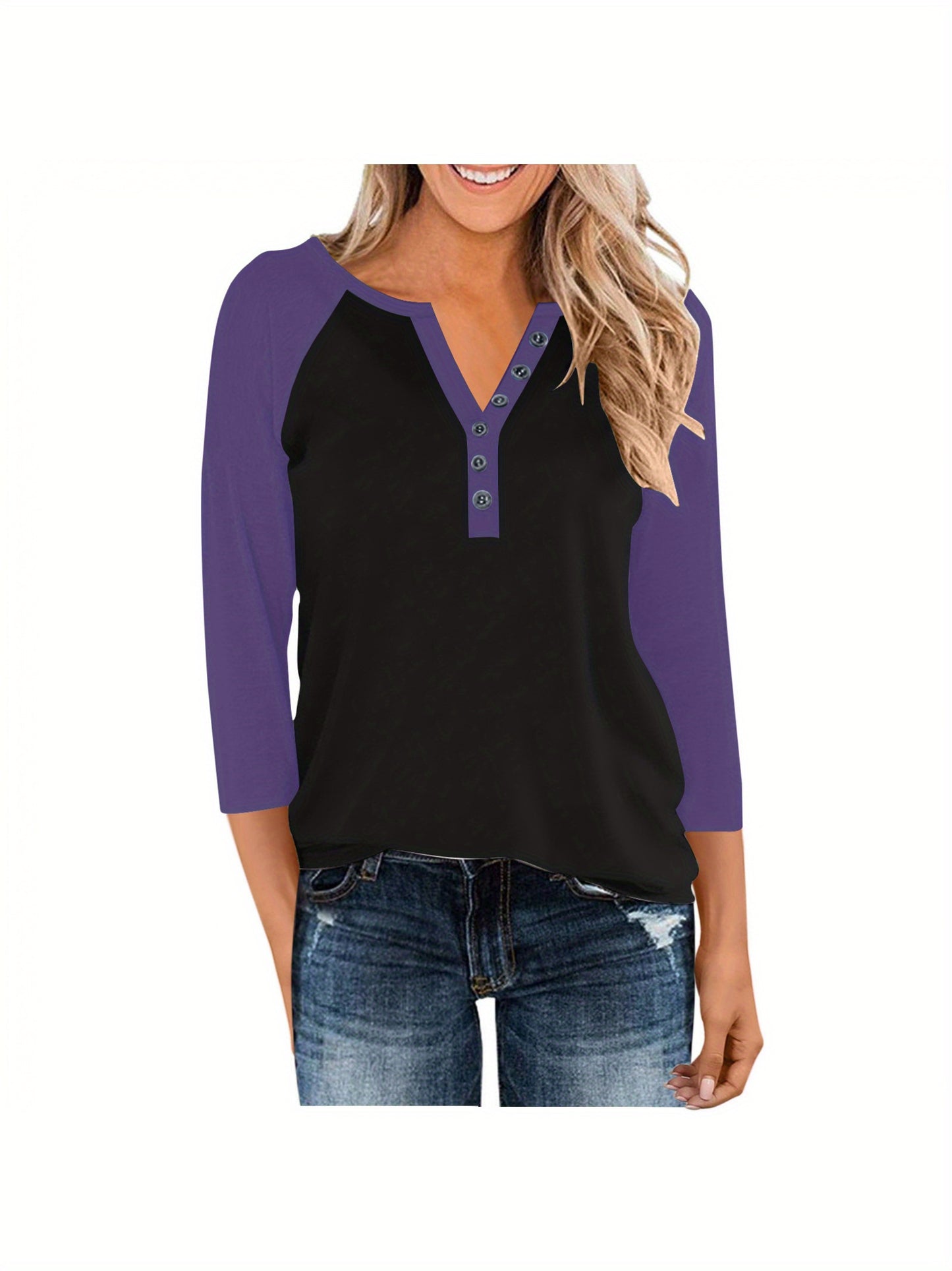 Womens Basic Casual Shirts Fashion Clothes Tops Button V-neck Three Quarter Sleeve 3/4 Sleeve Raglan T-shirt Loose Top