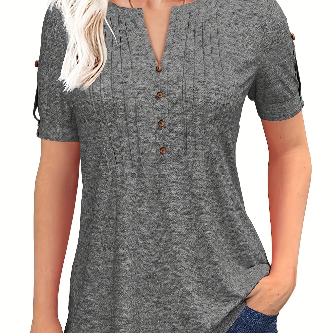 Women'S Zipper Summer Pleated Button Short Sleeve T-Shirt Summer V-Neck Solid Color Casual Top