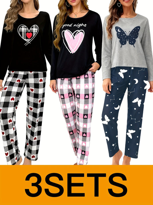 3 SETS Women's Heart-shaped And Butterfly Pattern Pajamas, Comfortable And Breathable, with Elasticity, Suitable for Going Out, Fashionable Pajamas Set