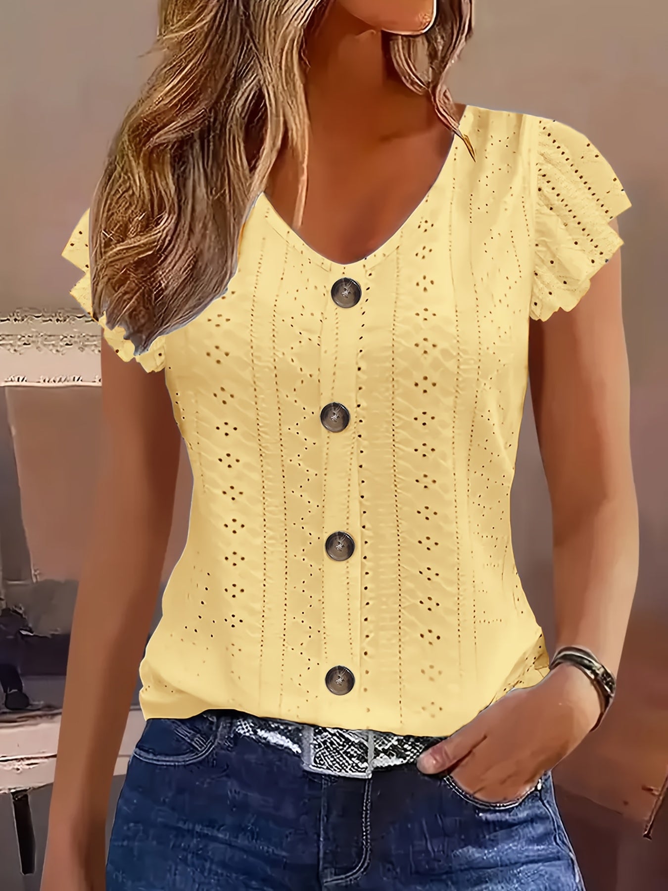 Women'S Solid Colour V-Neck Top with short Sleeves flrared Jacquard t-shirt - Casual Blouse Lightweight & Breathable for Spring/ Summer