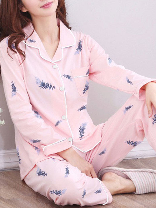 Women's Home Suit Cardigan, Lapel Top, Long Pants Two-piece Set, Natural Patterned Pajamas, Soft and Comfortable Skin Friendly Home Suit Set Without Pilling