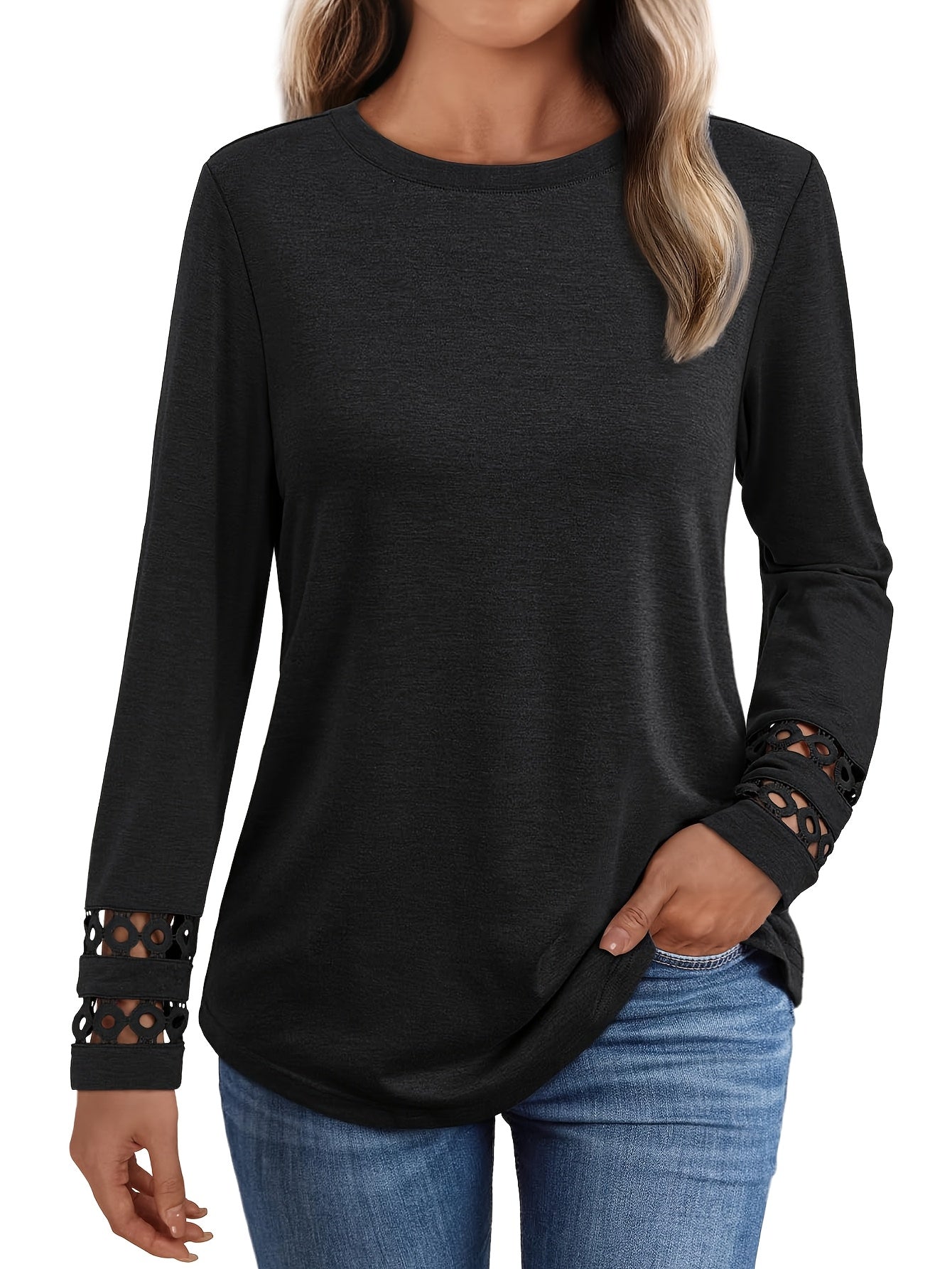 [Trendy Women's Blouse] 3pcs Women's Long Sleeve Tops | Casual Elegant Lace Patchwork Round Neck Shirts, All-Season Machine Washable, Contrast Lace Detailing, Soft Texture Fabric, Breathable Material, Stylish Blouse for Sprin