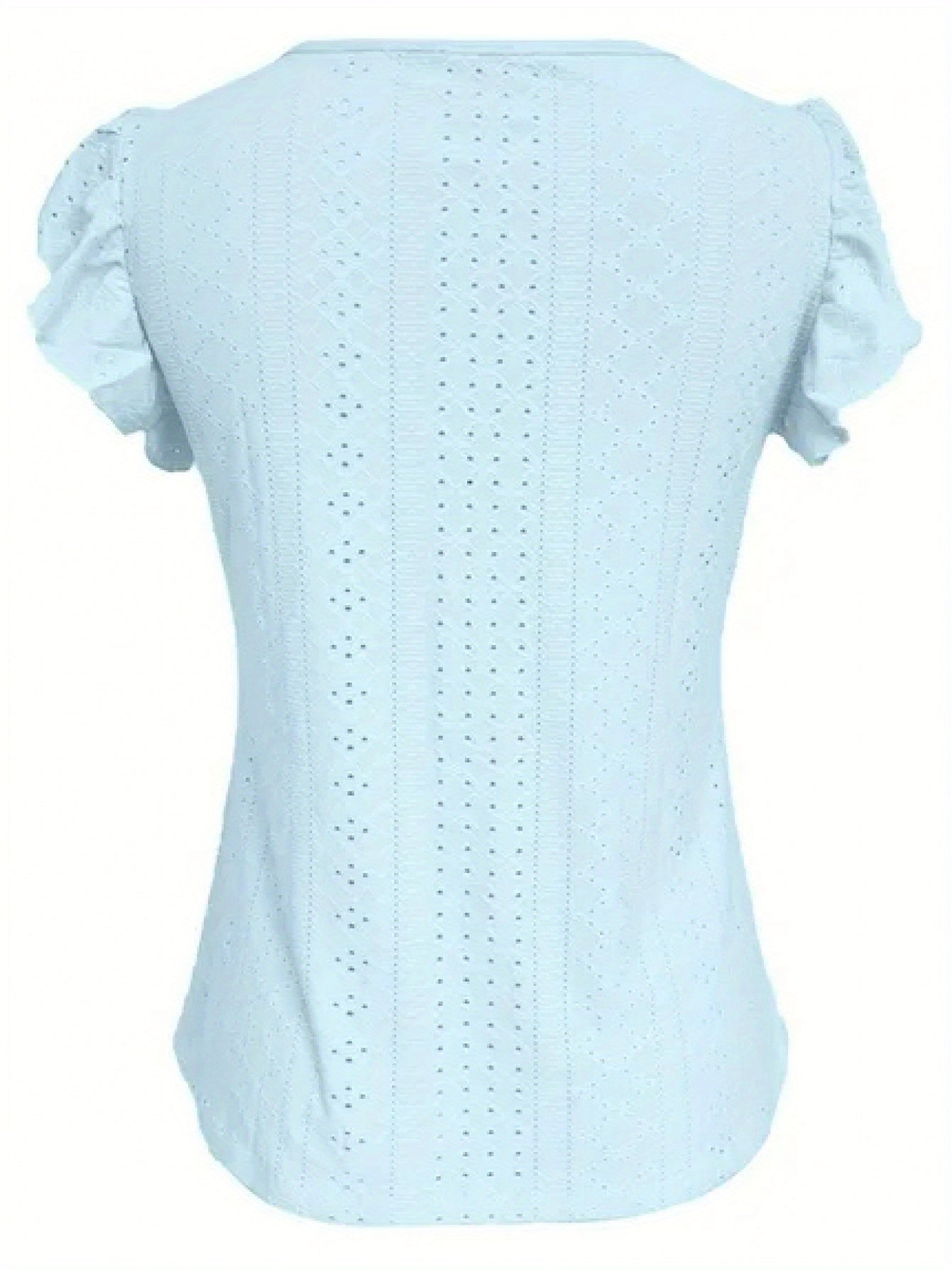 [Elegant Ruffled Top] Elegant Women's V-Neck Ruffled Short Sleeve Top | Eyelet Embroidered Jacquard T-Shirt with Decorative Buttons, Casual Spring & Summer Clothing